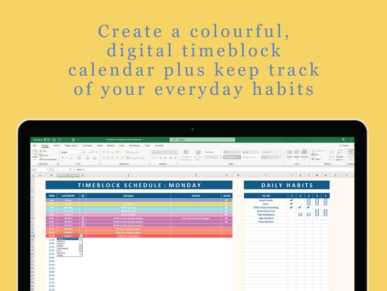 Timeblock Schedule Creator | Daily Organiser | Excel Spreadsheet - Etsy