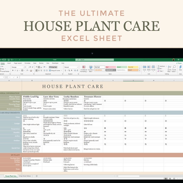 Feuille de calcul Excel sur l’entretien des plantes d’intérieur | Téléchargement numérique