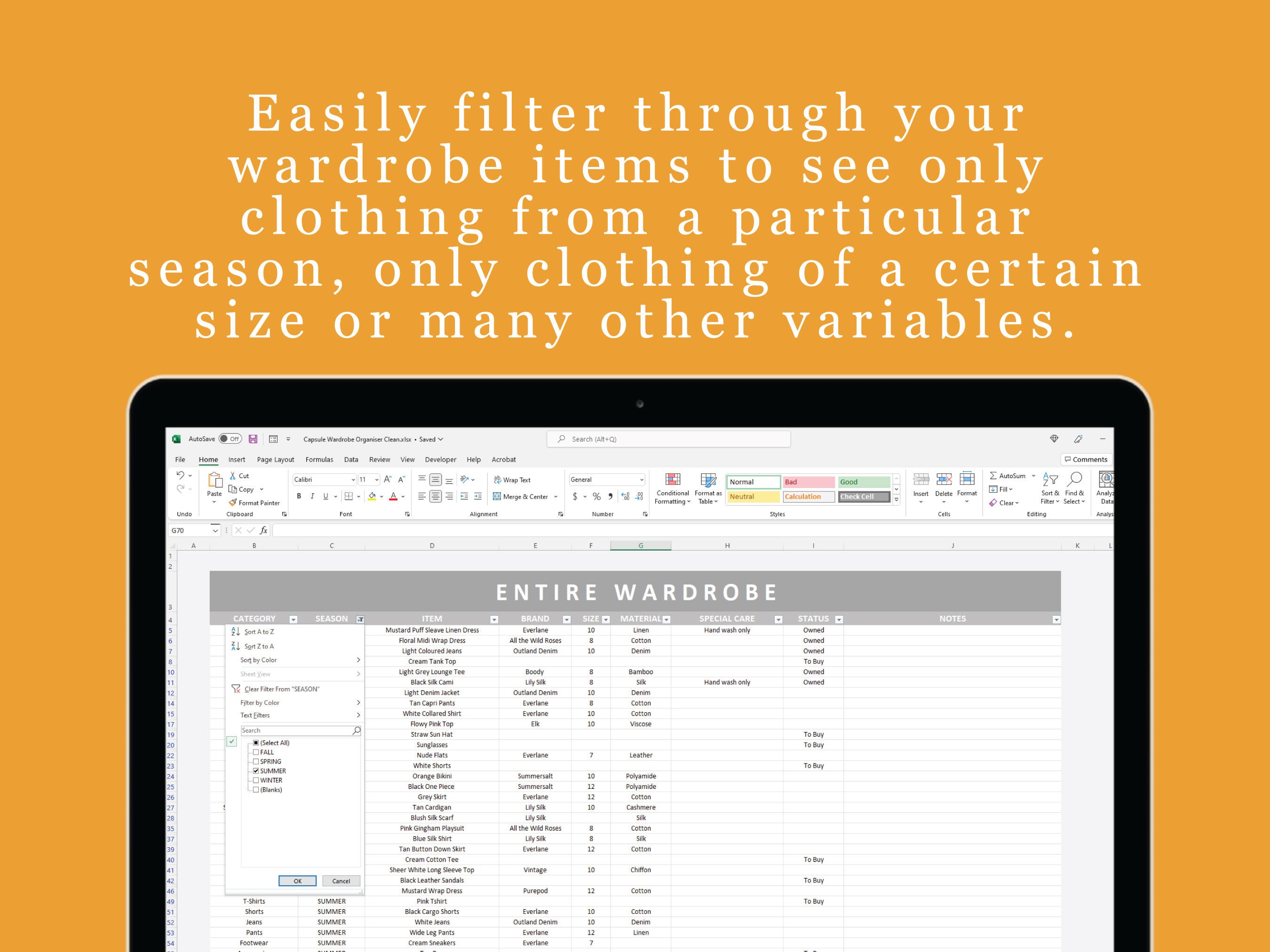 Capsule Wardrobe Organiser and Seasonal Report Excel Spreadsheet