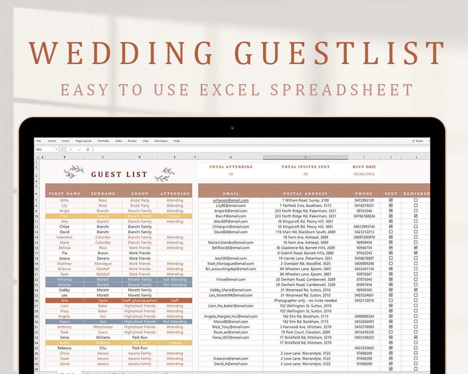 Easy to Use Wedding Guest List Excel Boho Style Etsy