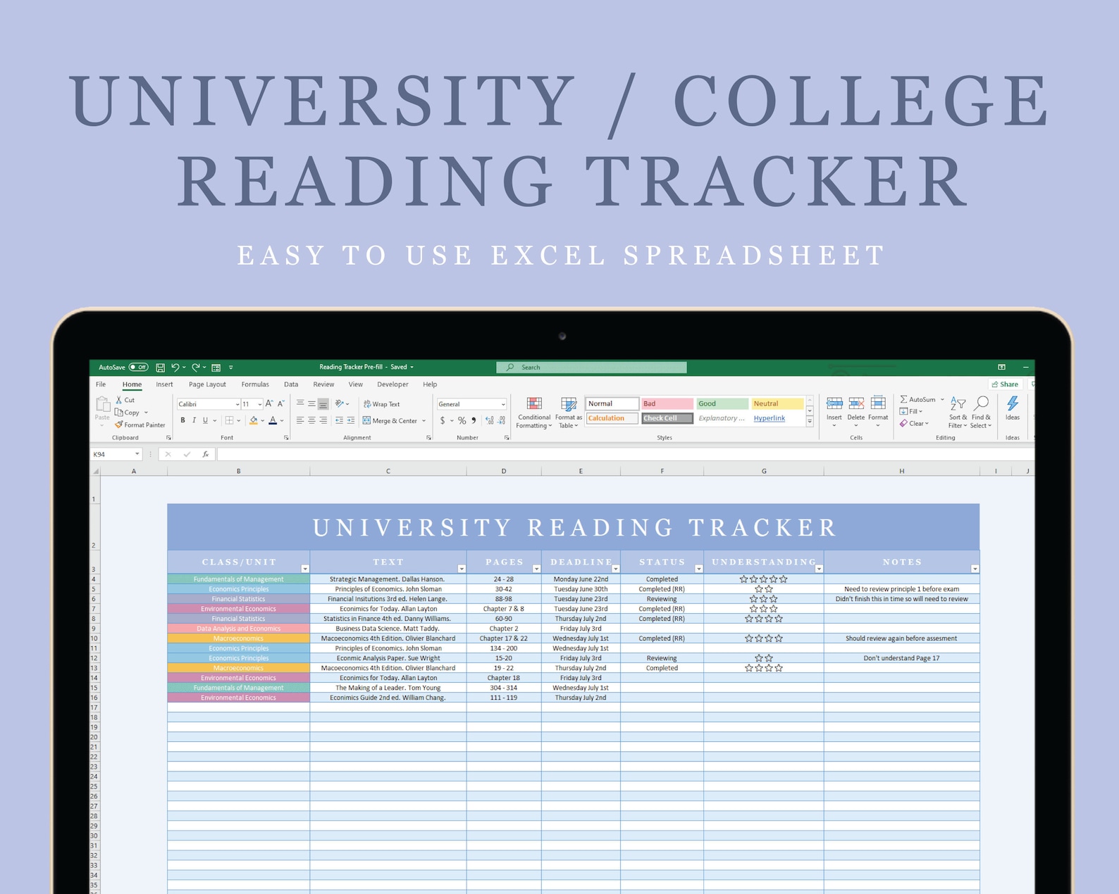University / College Reading Tracker Excel Spreadsheet Digital Download University / College Reading Tracker Excel Spreadsheet Digital Download