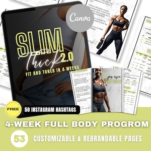 Könnte beinhalten: Ein digitales Produkt für ein 4-wöchiges Ganzkörperprogramm namens "Slim Thick 2.0" mit 53 anpassbaren und wiederverwendbaren Seiten. Das Produkt enthält 50 Instagram-Hashtags und ein motivierendes Zitat. Das Bild zeigt auch eine Frau in Sportkleidung.