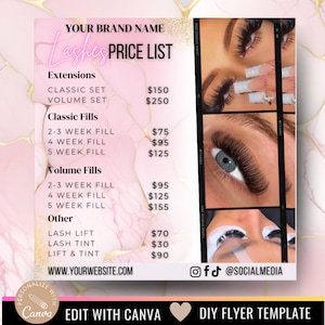 May include: A pink and white flyer with the text "Your Brand Name Lashes Price List" and a price list for eyelash extensions, fills, and other services. The flyer also includes images of different types of eyelash extensions.