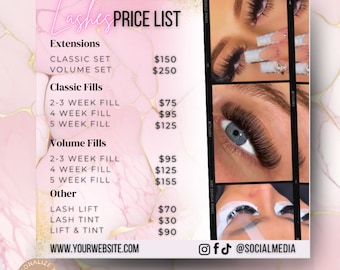 May include: A pink and white flyer with the text "Your Brand Name Lashes Price List" and a price list for eyelash extensions, fills, and other services. The flyer also includes images of different types of eyelash extensions.