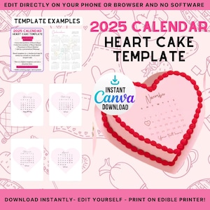 2025 Calendar Edible Heart Shaped Cake Topper | Burnaway Cake | Birthdays, Anniversary, New Year, Valentines Day | January-December
