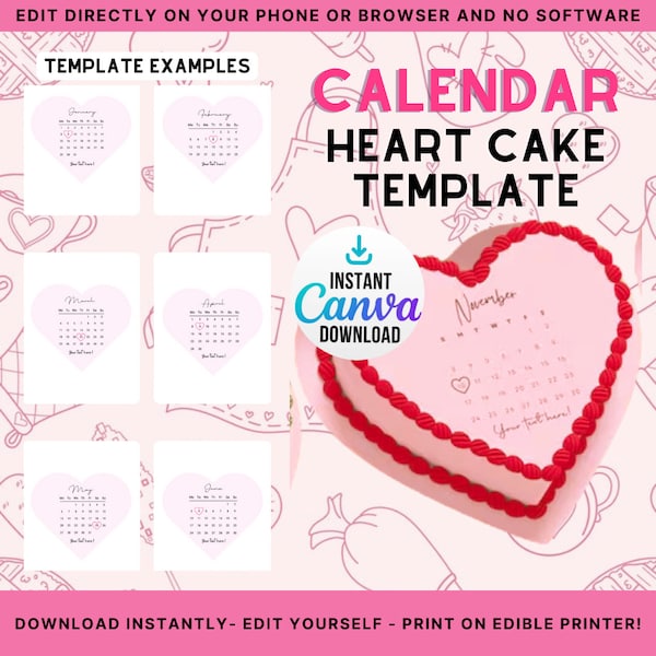 2024 Calendar Edible Heart Shaped Cake Topper | Burnaway Cake | Birthdays, Anniversary, Wedding, Valentine’s Day | January-December