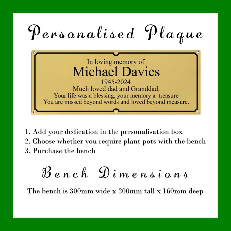 Memorial Dedication Bench Planter, Personalised Engraved Plaque