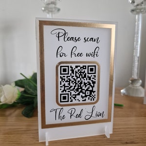 QR code personalised plaque stand, customisable QR sign, free wifi sign,