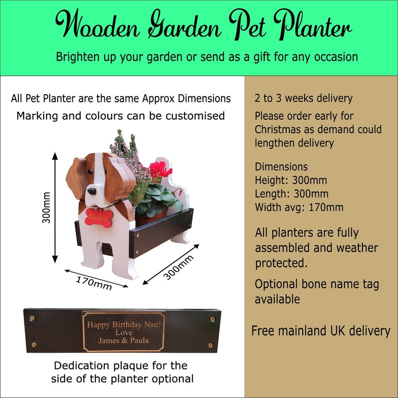 May include: Wooden pet planter shaped like a dog with a brown and white painted design. The planter is 12 inches tall, 12 inches long, and 7 inches wide. The planter has a black wooden base and a bone-shaped name tag. The planter is shown with a small plant inside. The text "Happy Birthday Nan! Love James & Paula" is on a black plaque.