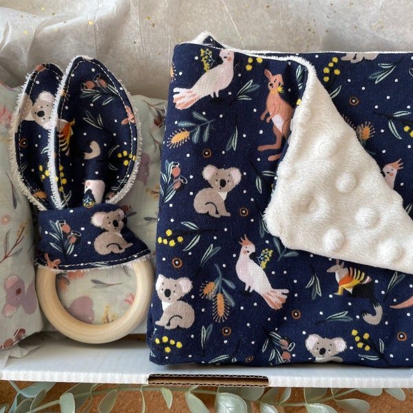 Newborn gift box set, 3 items: organic cotton swaddle, lovey and bunny ring, baby shower gift box with swaddle