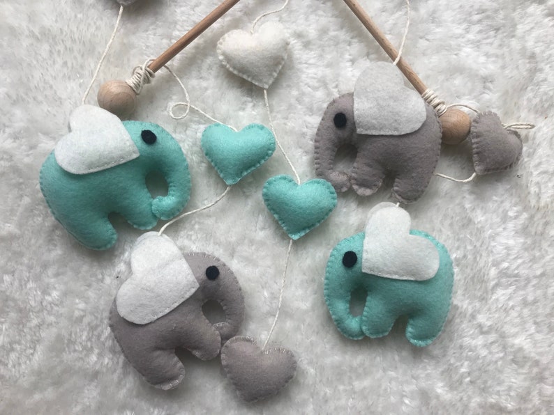 Felt elephant mobile mint and grey or with custom colours // image 0