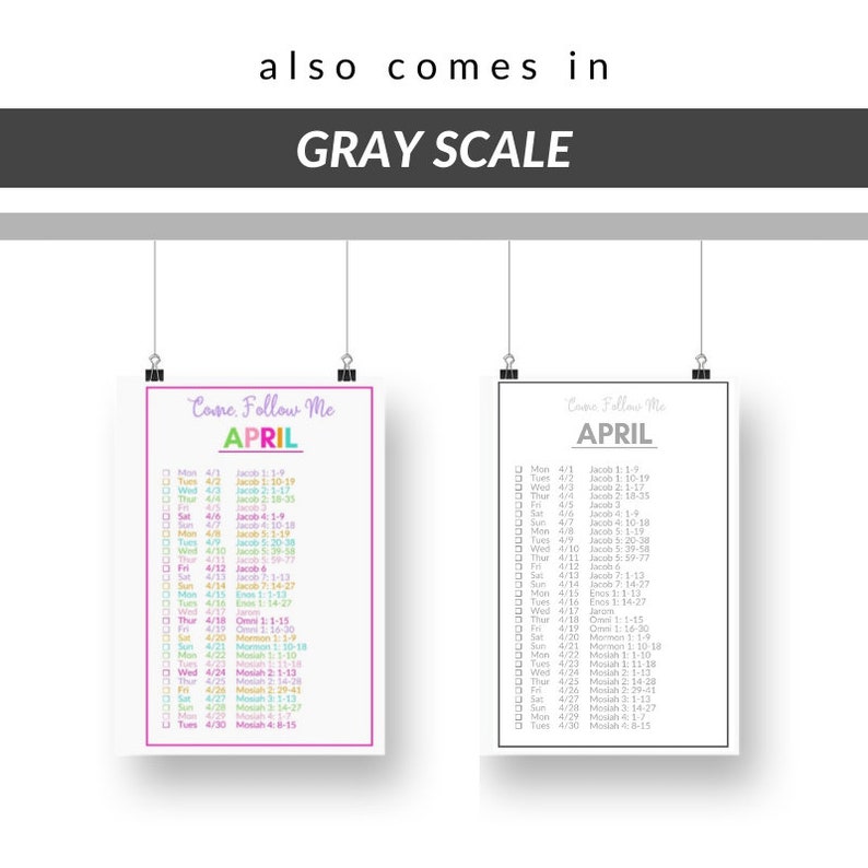Come Follow Me 2024 Daily Reading Schedule shown in Color and Grey Scale.