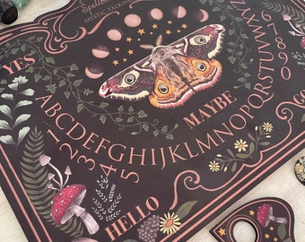 Moth and Mushroom Talking Board - dark wood - Medium // Woodland // Divination Board// Ouija Spirit Board