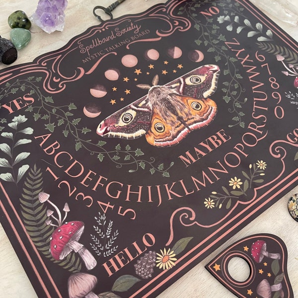 Moth and Mushroom Talking Board - dark wood - Medium // Woodland // Divination Board// Ouija Spirit Board