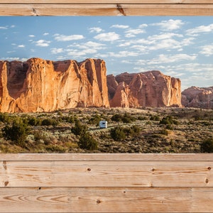 Red Rock Butte in Utah with Tourists Driving By. A Panoramic Photo Art Print,