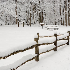 Serene Winter Landscape: Fresh Snow on Rail Fence in Country Park - Fine Art Photography Print