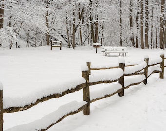 May include: A wooden fence covered in snow with a picnic table in the background. The table is also covered in snow and is located in a snowy forest.