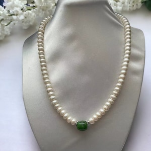 Natural Freshwater Pearl Necklace with Green Jade Barrel