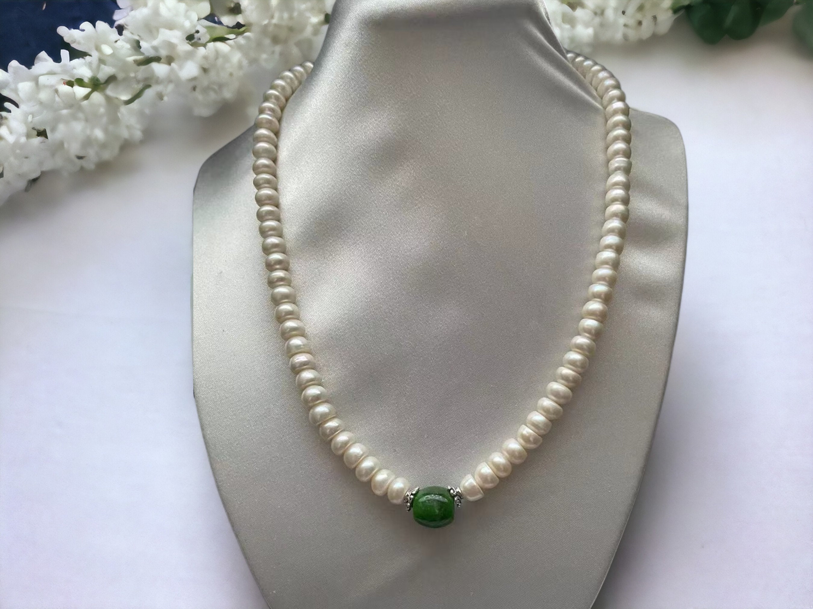 Natural Freshwater Pearl Necklace With Green Jade Barrel - Etsy
