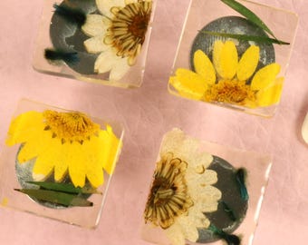 Perillas cuadradas para cajones con margaritas secas, perillas de resina hechas a mano para gabinetes, manijas florales para tocadores, herrajes para muebles, tiradores para armarios