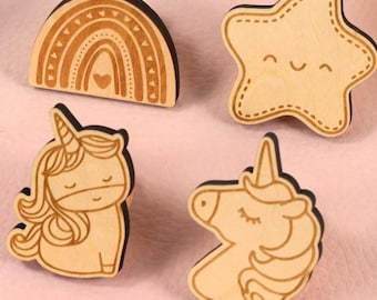 Wooden unicorn rainbow cabinet knob, kid room handles hardware, nursery wood door drawer handles, wood star dresser knobs