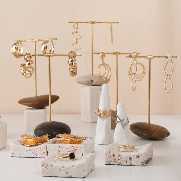 T-bar earring stand,stone jewelry display, nature brass bracelet displays, jewelry photography tool