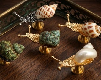 Natural Seashell Snail Cabinet Knob, Brass Base Dresser Handle, Unique Sea Snail Drawer Pull, Coastal Home Decor Hardware