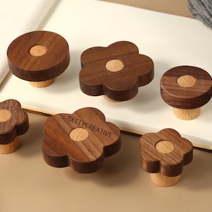 Wooden Flower cabinet knobs pulls, Walnut Round knobs for nursery room, custom engraved Beech drawer knobs, drawer handles, dresser knobs
