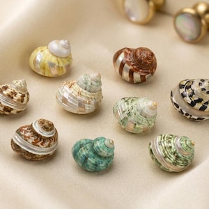 May include: A collection of nine small, spiral-shaped seashell cabinet knobs featuring polished, iridescent mother-of-pearl inlays. The shells display various natural patterns and colors, including shades of brown, green, and yellow, with metallic hardware.