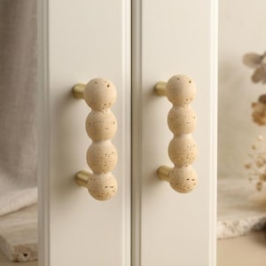 Natural Bead Travertine Drawer Pull, Natural Stone Sphere Cabinet Handle, Brass Base Beaded Furniture Pull, Kitchen Cabinet Hardware