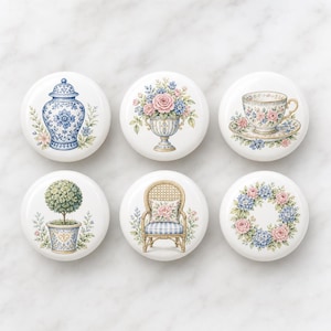Grandmillennial Garden Parlor Mediterrane Keramik-Schrankknöpfe, Azulejo Sardine Citrus Floral Runde Schubladengriffe, Kommodentürgriffe