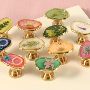 Dried resin fowers drawer knob, Floral oval with golden edge cabinet knob, Leaf brass unique knob, decorative flower cupboard pull handle
