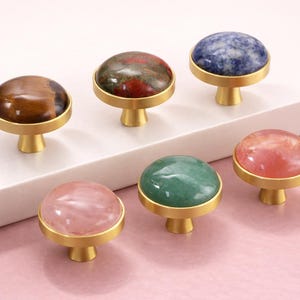 Natural Crystal Dome Cabinet Knob, Gemstone Drawer Pull, Solid Brass Base Furniture Hardware, Boho Home Decor