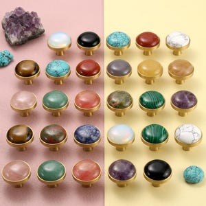 Natural Crystal Dome Drawer Knob, Gemstone Cabinet Pull, Brass Base Furniture Hardware, Minimalist Decor