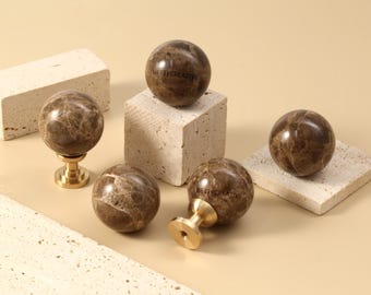 Dark Coffee Marble Ball drawer knob, Stone cabinet handles knobs, wabi sabi round door pulls, custom engrave dresser pull, dresser hardware