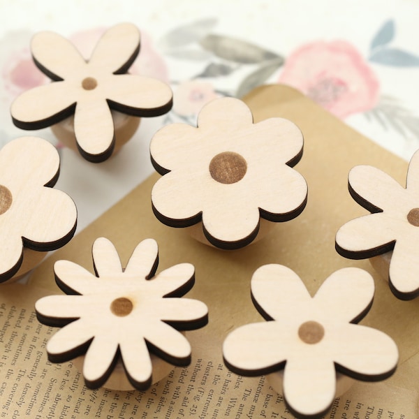 Wooden flower cabinet knob, kid room handles hardware, nursery flower wood door  drawer handles, wood dresser knobs