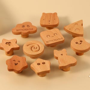 Cute smile flower cabinet knobs pulls, Star wood drawer knobs handles, Custom engraved cute kid room knobs, Cloud dresser handles
