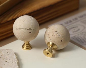 Travertine brass cabinet drawer knob, marble handles knobs hardware, wabi sabi round door pulls, ball drawer handles, stone dresser knobs
