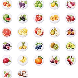 May include: A collection of 36 colourful illustrations of various fruits and vegetables, each depicted on a white circle. The fruits and vegetables include apples, pears, grapes, strawberries, cherries, plums, lemons, limes, oranges, pineapples, watermelons, coconuts, dragon fruit, passion fruit, avocados, figs, blueberries, raspberries, and more.