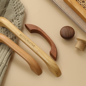 Wood cabinet handle pulls, walnut wood drawer knob handles, custom engraved cupboard handle pull, door pull