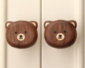 Walnut Bear Face Cabinet Knobs, Cute Wooden Bear Drawer Pulls, Nursery & Kids Room Furniture Hardware, Animal Themed Decor