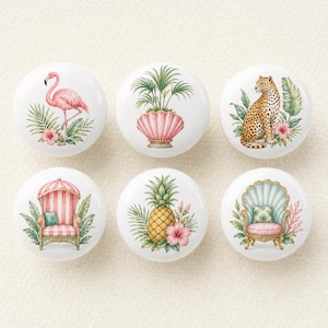 Palm Beach Regency Club Ceramic Cabinet Knobs, Floral Round Drawer Pulls, Shell Dresser Door Knobs, Kitchen Hardware