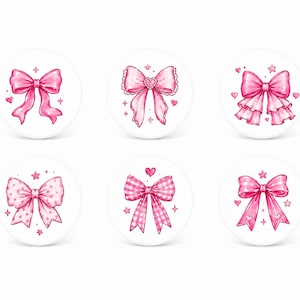 May include: A collection of six round, white designs featuring pink bows. Each bow has a unique design, including polka dots, gingham, and layered styles. Small hearts and stars accent the bows, creating a charming and feminine aesthetic.