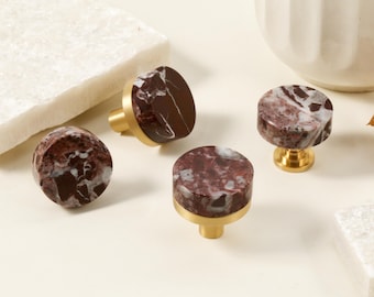 Bouton de tiroir rond en marbre Rosso, boutons de poignées d'armoire en pierre, poignées de porte rondes wabi sabi, poignée de commode gravée personnalisée, matériel de commode