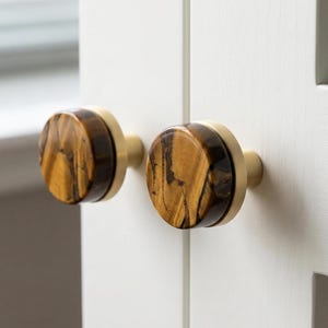 Peut inclure: Deux boutons de placard circulaires dotés d'une incrustation en pierre œil-de-tigre polie avec des bandes chatoyantes brunes et dorées, fixés sur une base en laiton brossé. Les boutons sont montés sur une porte blanche à panneaux.