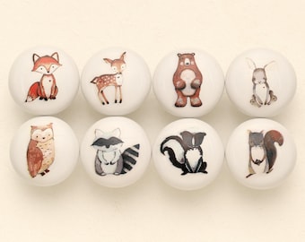 Woodland animals nursery knobs,owl bear knobs, ceramic kid room knobs,fox  knobs, deer knobs, animals cabinet drawer handles