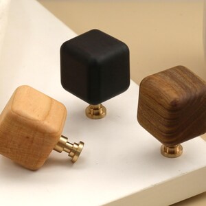 Rounded Square Wood Cabinet Knobs, Solid Walnut Maple Drawer Pulls, Brass Base Minimalist Furniture Hardware, Neutral Boho Kitchen Decor
