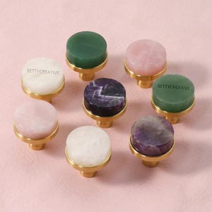 Pink Crystal brass base cabinet knobs, marble round drawer pull, Custom Engraved cylinder dresser handles, White stone knobs, knob hardware