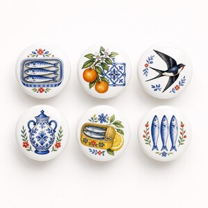 Portuguese Sardine Summer Kitchen Ceramic Cabinet Knobs, Round Drawer Pulls, Dresser Door Handles, Furniture Hardware