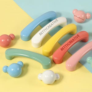 Bear ceramic cabinet handles, cute drawer handles hardware, custom engraved pink nursery  door pulls, mint blue drawer handles